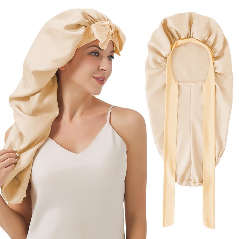 Supaze Braid Bonnet for Sleeping, Long Satin Bonnet for Women Curly Hair, Satin Lined with Long Strap(Champagne) showercap - Image 1